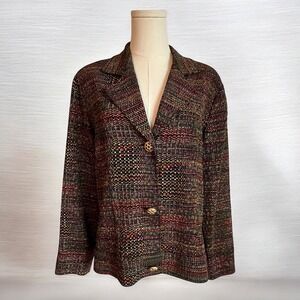 Joseph Ribkoff Multicolor Textured Knit Blazer Gold Green Jewel Button Size 14